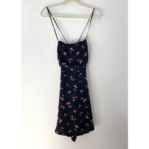 Cherry Print Slip Dress Y2K Coquette Strappy Mini Dress Black L